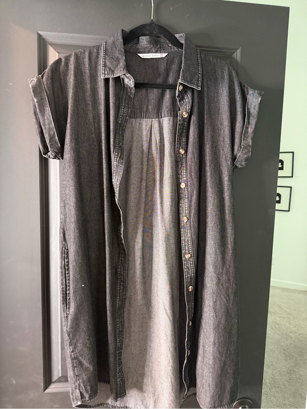 Button-Front Black Denim Shirt Dress